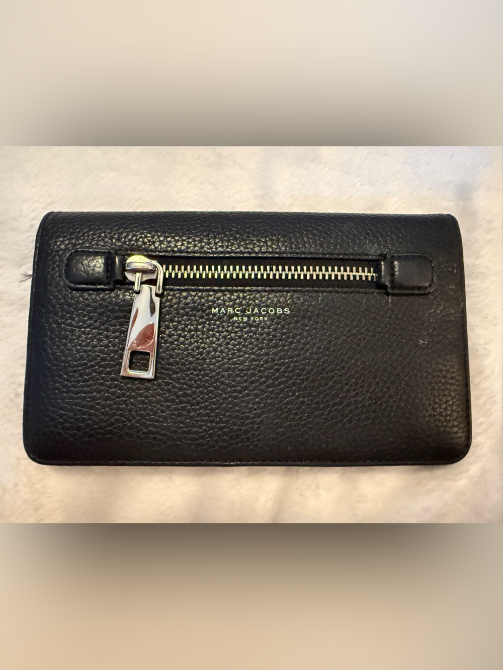 Marc Jacobs Black Pebbled Leather Zip Wallet with Silver Hardware